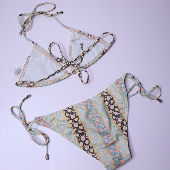 TULAROSA Two-Piece Set String Bikini Floral Green Halter Side Tie Women's XS/S - Picture 6 of 9